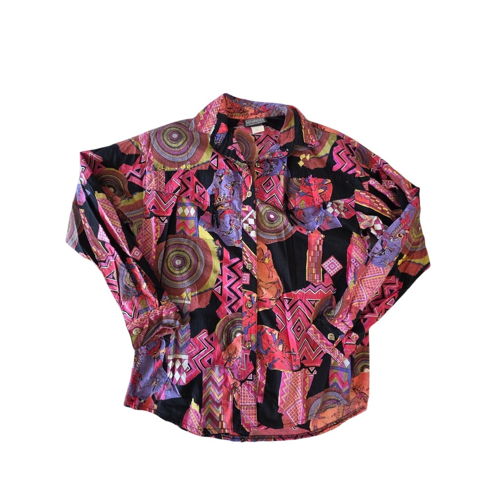 Vintage Roughrider Western Button‎ Down Shirt Small Southwestern Print Fringe